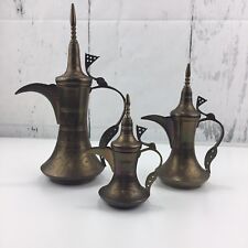 VTG Set 3 Brass Islamic Dallah Arabic Coffee Pots Middle Eastern India Signed  picture