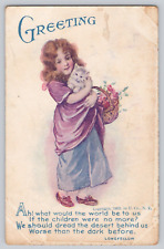 Postcard Little girl Kitten Longfellow quotation greeting c 1908 picture