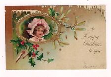 Vintage 1907 Christmas Postcard #776 Girl in Cameo Embossed Posted picture