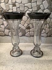 Vintage Pair of Identical Etched Glass Vases Black Trim Elegant Mantle picture