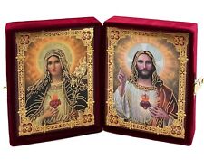 Sacred Heart of Jesus and Mary Catholic Icon Diptych In Burgundy Velvet Case Gif picture