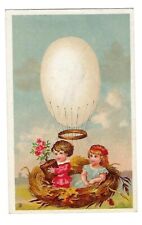 c1890 Victorian Stock Trade Card Children Flying on a Hot Air Egg Balloon picture
