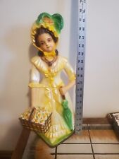 Vintage Porcelain Woman Figurine in Yellow White w/basket Of Flowers 18 Inches picture