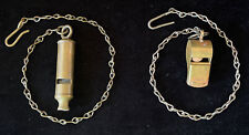 (2) Antique Vintage Metal & Brass MILITARY / POLICE Whistle with Chain & Hook picture