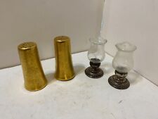 LOT OF 2 SETS SALT & PEPPER SHAKERS GOLD CERAMIC & BRASS/GLASS HURRICANE LAMPS picture