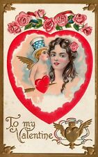 Vintage 1908 Patriotic Cupid and Lady Embossed Valentine Postcard picture