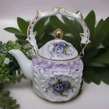 Vintage 1993 Hand Painted Tea Pot For Decorative Use Lavender Roses Ornate Gold picture