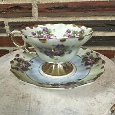 Vintage Lefton China Hand Painted Flowers Pedestal Tea Cup & Saucer Set Scallop picture