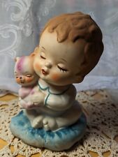 Vintage Porcelain Bisque Baby in Pajama's Holding Purple Teddy Bear Figurine  picture