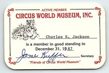 1987 CIRCUS WORLD MUSEUM BARABOO WI MEMBERSHIP CARD CHARLES R JACKSON P5033 picture