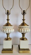 Pair Vtg Mid Century Brass & Beige Urn Pedestal Hollywood Regency Table Lamps picture
