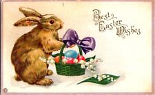 Vintage Postcard Easter Bunny Readies a Basketof Eggs for Easter 1916      J-138 picture