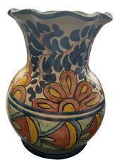 Mexican Great Colors TALAVERA Vintage Fluted Pottery Vase  Hand Painted MEXICO. picture