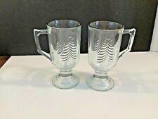 2 Vintage Indiana Glass Pedestal Coffee Mugs Embossed Christmas Trees Gold Rim picture