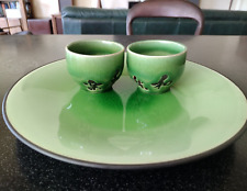 GORGEOUS JAPANESE POTTERY GREEN CRACKLE PLATE SUSHI BAR SAKE CUPS JAPAN TIKI picture