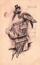 Vintage Postcard 1909 Stork Carrying A Baby Heartiest Congratulations Greetings picture
