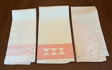Lot of  3 Vintage White, Pink Linen Guest Hand Towels  Embellished, Embroidered. picture
