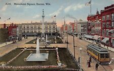 Racine WI Wisconsin Downtown Military Statue Trolley Depot 1910s Vtg Postcard P8 picture