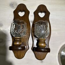 Pair Of Vintage Wood Heart Cutout Wall Sconces Glass Votive Holders 13”T picture
