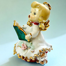 Lefton Naughty Angel Bell Choir Girl Hidden Puppy Figurine Vintage Japan Sticker picture