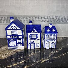 SET OF 3 Blue&White House Canister Set, CKAO Blue&White-Flour,Sugar,Coffee picture