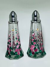 Glass Salt Pepper Shaker Set Hand Painted Flowers Bee A Bed of Roses  By DKU '01 picture
