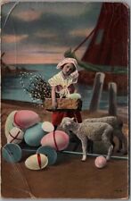 c1910s EASTER Greetings GEL Postcard Dutch Girl / Lambs / Giant Colored Eggs picture