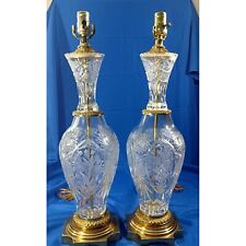 2 Vintage MCM Hollywood Regency Bohemian Crystal Brass Tiered Buffet Table Lamps picture