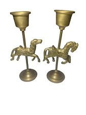 Pair of 5” Tall Solid Brass Carousel Horse Candle Holders Vintage picture
