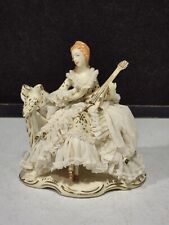 Old Dresden Art Porcelain Lace Figurine Woman on Couch Playing Mandolin w/Parrot picture
