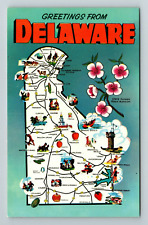 DE-Delaware, General Greetings, Map View, State Flower, Vintage Postcard picture