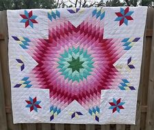 Vintage Lone Star Hand Stitched Quilt Vibrant Bright Pink Collectible 74”x72” picture