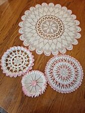 Vintage Lot of 4 Hand Crochet Pink  And White Ruffled Doilies picture