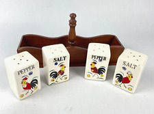 2 Set Rooster Salt & Pepper Shakers Ceramic w/ Wooden Caddy Vintage picture