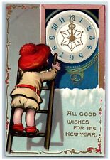 New Year Postcard Little Kid Climbing Ladder Clock Tuck c1910's Posted Antique picture