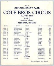 1940 Cole Bros Circus Route Card PA NY NJ CT MA RI picture
