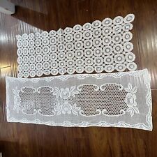 Lot of (2) Antique Vintage White Crocheted Jasmine Lace Table Runners picture