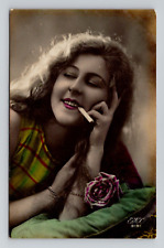 RPPC Woman Smoking Cigarette Colorized Vintage Real Photo M4 picture