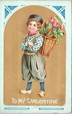 C.1910s Valentines Adorable Dutch Boy W Flower Backpack Silk Inset Postcard A224 picture