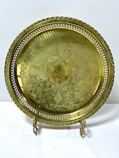 Vintage Etched Brass Tray With Filigree Pierced Sides picture