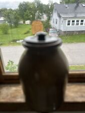 antique 19th century salt glazed stoneware Crock with handle chipped top picture