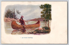 Native American Indian Canoeing Canoe UDB Antique Vtg Postcard c1905-07 picture