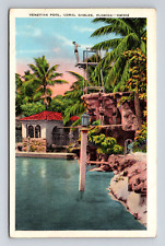 c1939 Linen Postcard Coral Gables FL Florida Venetian Pool Diver Swimmers picture