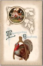 1910s THANKSGIVING Postcard Turkey / Golden Wishbone / Cottage - A.S. Meeker picture