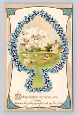 Postcard Nash Floral Greeting w/ Blue Flowers & Rural Scene, Antique G5 picture