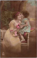 c1910s Spanish Tinted Photo RPPC Greetings Postcard /Mother & Little Girl UNUSED picture