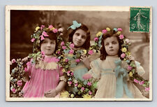 c1911 RPPC French ELD Portrait Young Girls Flowers Dress Hand Colored Postcard picture