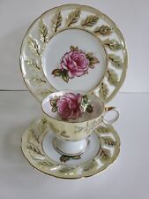 LM Royal Halsey Three-Piece Footed Teacup and Saucer Set Pink Roses Luster Gold  picture