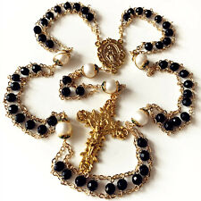 Gold Ladder to Heaven Black Agate & Real AAA10mm Pearl Catholic Rosary cross box picture