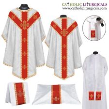 White Pugin Gothic Vestment Catholic Priest Chasuble Stole Maniple Veil Burse picture
